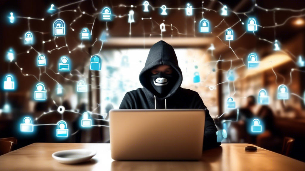 Create an image that illustrates the concept of Confidentialité et Anonymat : Les Bienfaits d’un VPN Online by showing a person comfortably browsing the internet on a laptop in a coffee shop. The person is surrounded by small padlock icons floating in the air. Their face is partially shadowed to emphasize anonymity. In the background, show a blurred, indistinct cityscape through the coffee shop window, enhancing the idea of privacy and digital confidentiality. Overlay a subtle shield icon with the text VPN Online on the laptop screen to indicate the use of a VPN service.