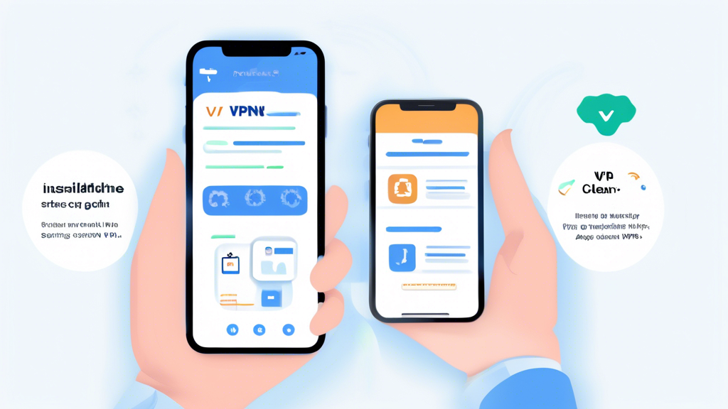 Prompt for DALL-E: Illustration of an iPhone screen displaying a VPN app setup process. The image shows three main steps: choosing a VPN provider in an app store, downloading and installing the VPN app, and configuring the VPN settings in the iPhone