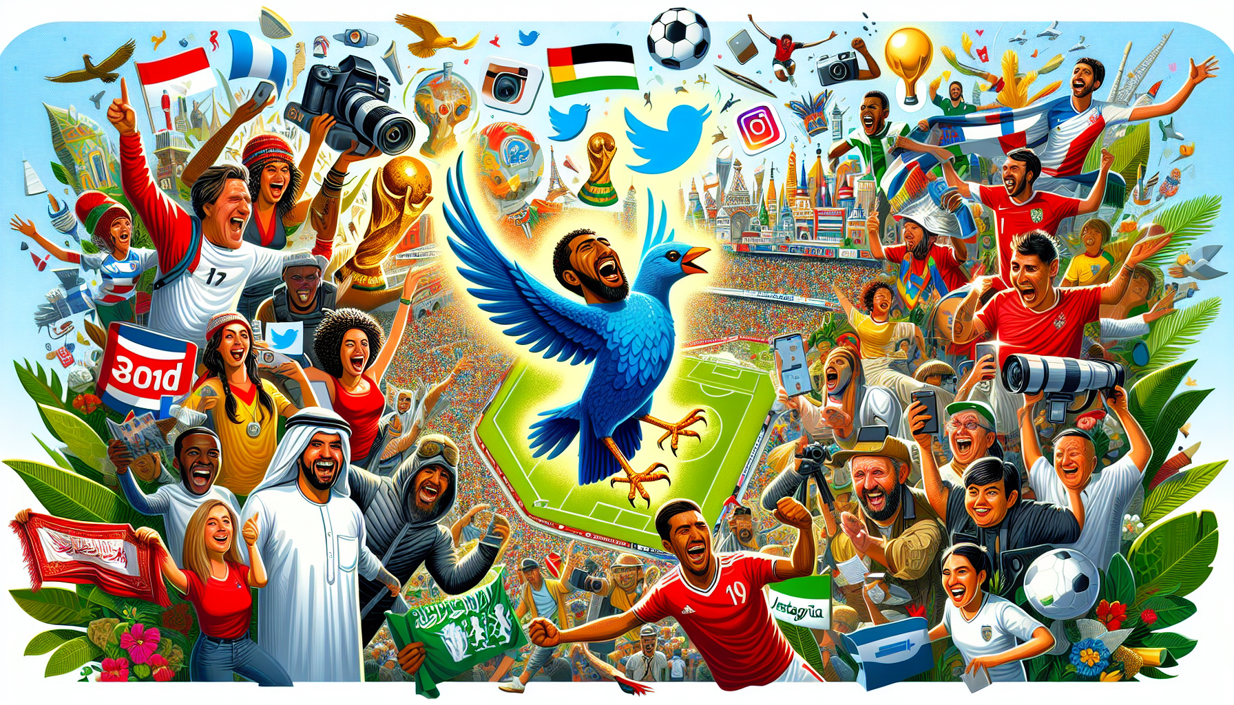 Create an image that captures the global impact of the FIFA World Cup 2022: Fans from diverse cultures and backgrounds celebrating and reacting passionately, highlighted through social media icons like Twitter and Instagram. The background shows various landmarks from around the world, and the entire scene is filled with vibrant colors and festive atmospheres. The image encapsulates how the tournament connected people globally and influenced cultural perceptions through the lens of football.