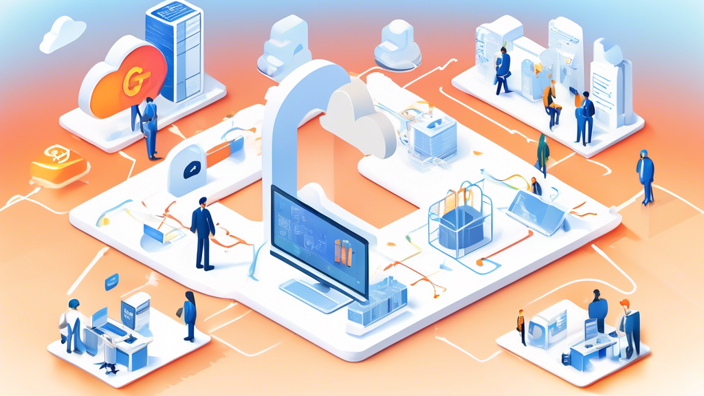 A digital illustration showing a corporate office environment with multiple layers of security features such as firewalls, encryption symbols, and secure login prompts. The Google Cloud logo is prominently displayed, signifying the protection of company data. In the background, show a stable cloud infrastructure with uptime graphs and reliable service metrics to represent high availability. The comparison with other hosting services in the form of bar charts highlighting Google Cloud