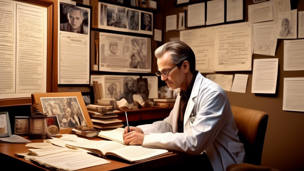 Create an image depicting a seasoned script doctor at work in a cozy, well-organized office, surrounded by books on storytelling, pacing, and character development. The script doctor is meticulously editing a screenplay, with notes and annotations indicating plot structure and dialogue enhancements. In the background, framed posters of famous movies and TV shows hint at the successful projects they have contributed to.