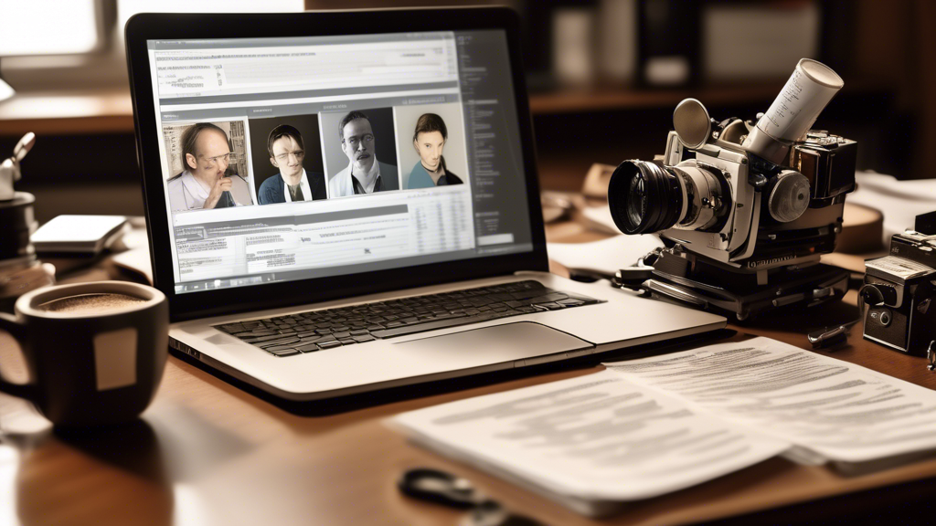 Illustrate a scene of several film scripts laid out on a cluttered desk, with a magnifying glass, a notepad filled with notes, and a cup of coffee. On one side, a laptop is open to a webpage showing profiles and ratings of different script doctors. In the background, a film director is pointing to one profile, while a writer is nodding, symbolizing the process of hiring and collaborating with a script doctor. The setting is a cozy, dimly lit office filled with cinematic memorabilia. Keywords: script doctor, film scripts, collaboration, hiring process.