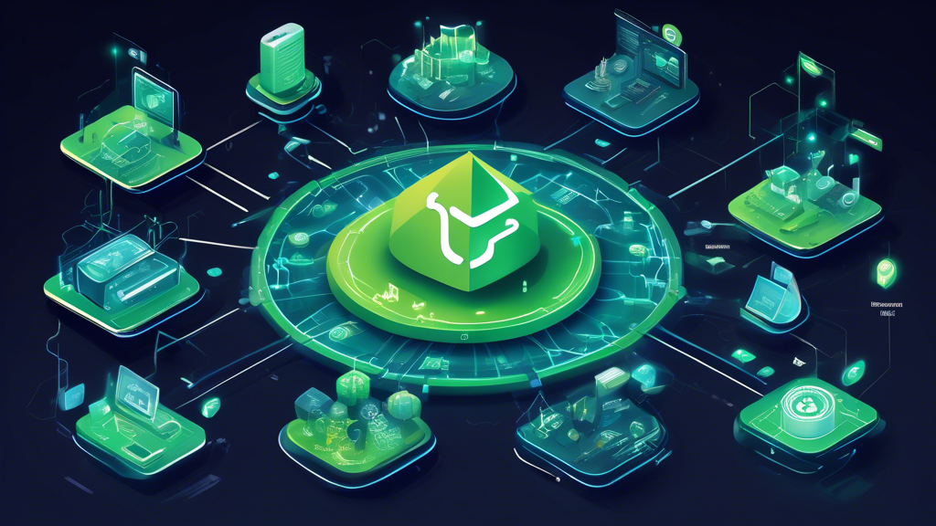 A detailed digital illustration depicting the core components of the iFinex ecosystem. The scene should feature the logos and interfaces of key platforms like Bitfinex and Tether prominently. Include elements representing technical infrastructure, such as servers and blockchain networks, integrated into the design. Visualize security measures with symbols like shields and locks. Show connections and interactions between these components in a cohesive and interconnected layout. Use a clean, modern style with a focus on clarity and organization to capture the sophistication and complexity of the iFinex ecosystem.