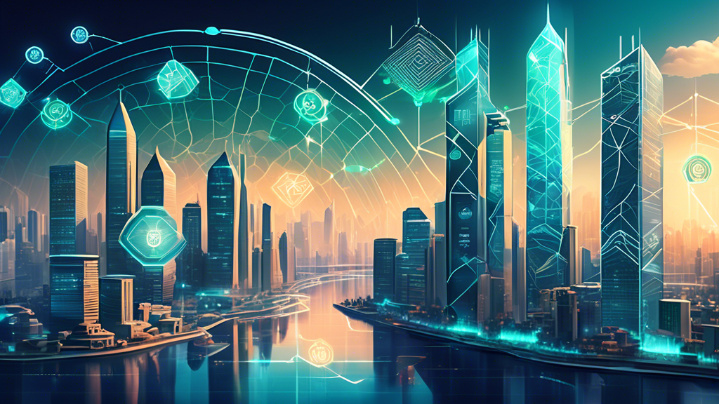 Create a high-resolution digital illustration capturing the global influence of the iFinex ecosystem on the cryptocurrency market. Display a futuristic cityscape with tall skyscrapers, adorned with logos of Bitfinex and Tether. Integrate visual elements representing blockchain technology, like interconnected blocks and digital nodes. Include symbols of regulatory challenges, such as scales of justice and compliance checkmarks, blending seamlessly into the cityscape. Highlight emerging innovations with holographic projections and futuristic financial technologies emerging from the buildings, symbolizing the forward-looking developments awaiting iFinex.