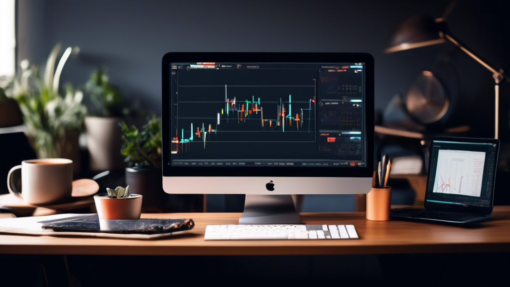 Create an image depicting a user-friendly digital trading interface on a computer screen labeled Luno Trading. Include visual elements such as graphs, charts, and trading tools. The image should also portray a calm, organized workspace with a cup of coffee and a notepad with handwritten tips like Basic Strategies, Risk Management, and Make Informed Decisions. The setting should feel welcoming and educational, ideal for a beginner learning the essentials of trading on Luno.