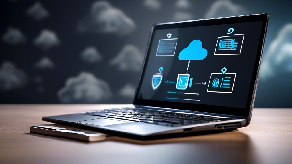 Create an image of a sleek and modern laptop displaying a user-friendly dashboard of Carbonite Backup software. The screen should highlight the automatic and continuous data backup process, with icons showing protection against malware, ransomware, and hardware failures. In the background, incorporate cloud symbols to represent cloud storage and a shield icon to symbolize robust data protection. Keep the composition clean and professional to emphasize the efficiency and reliability of Carbonite Backup for effective data protection.