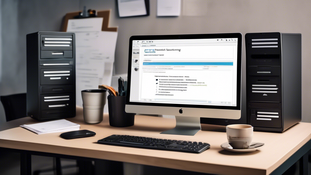 Create an image showing a desk setup with a computer screen displaying the Carbonite Backup software interface. The scene includes a checklist with the title Schritt-für-Schritt-Anleitung zur Einrichtung von Carbonite Backup and a cup of coffee beside the keyboard. The background features a cozy, modern office with hints of technology and security elements like a padlock and shield symbol subtly incorporated into the decor.