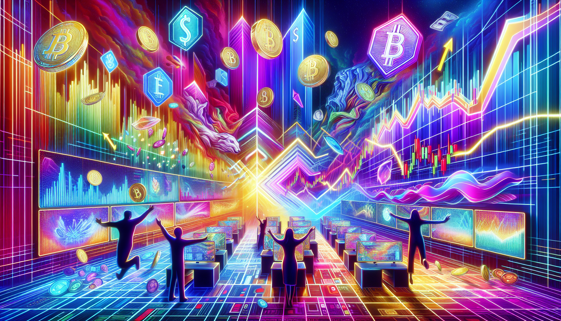 Create an image that captures the “Potential Rewards of Using 100x Leverage in Crypto Trading.” The scene should depict a digital, futuristic stock market environment with dynamic graphs showing exponential growth. In the foreground, show happy traders celebrating their substantial gains, with coins and dollar signs floating around them. Highlight their trading screens with 100x leverage prominently displayed, and vibrant charts illustrating their profit spikes. The background should include a bustling digital crypto exchange with holographic screens showcasing different cryptocurrencies and their rising values.