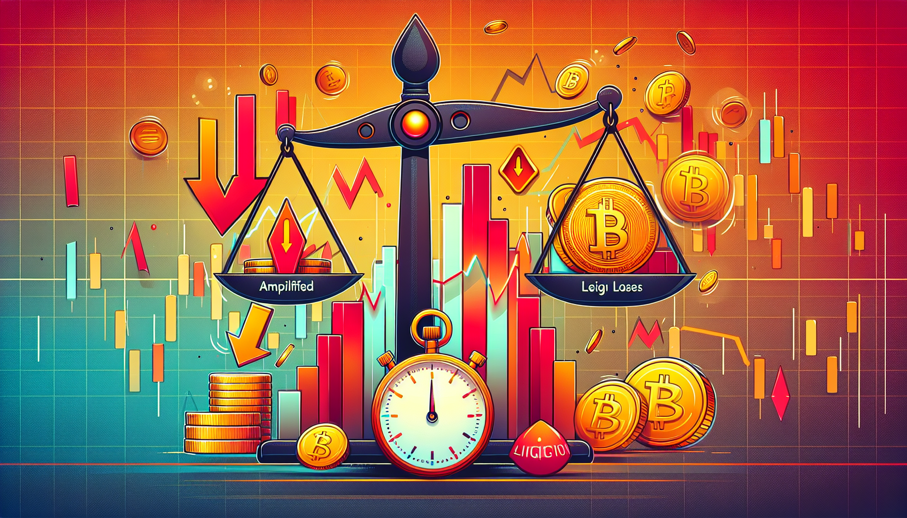 Create an image that illustrates the concept of risks associated with 100x leverage in crypto. Show a balanced scale where one side has amplified losses with icons such as flashing red down arrows and money falling, and the other side has margin calls and liquidation risks depicted with a stopwatch running out of time and a liquidation sign. In the background, include a chart with volatile market movements to emphasize the high-stakes environment. Use a color scheme that conveys urgency and caution, such as reds and oranges.