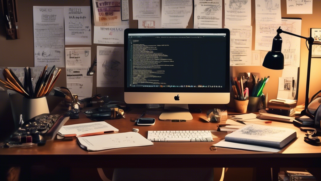 Create an image depicting a screenwriter’s desk filled with various modern screenwriting tools and software, such as Final Draft, Celtx, and WriterDuet, alongside key elements of a screenplay like plot structure charts, character development notes, and snippets of dialogue. The background shows a creative, cozy workspace with inspirational quotes and posters from iconic films, emphasizing the techniques and tools that screenwriters use to craft captivating stories.