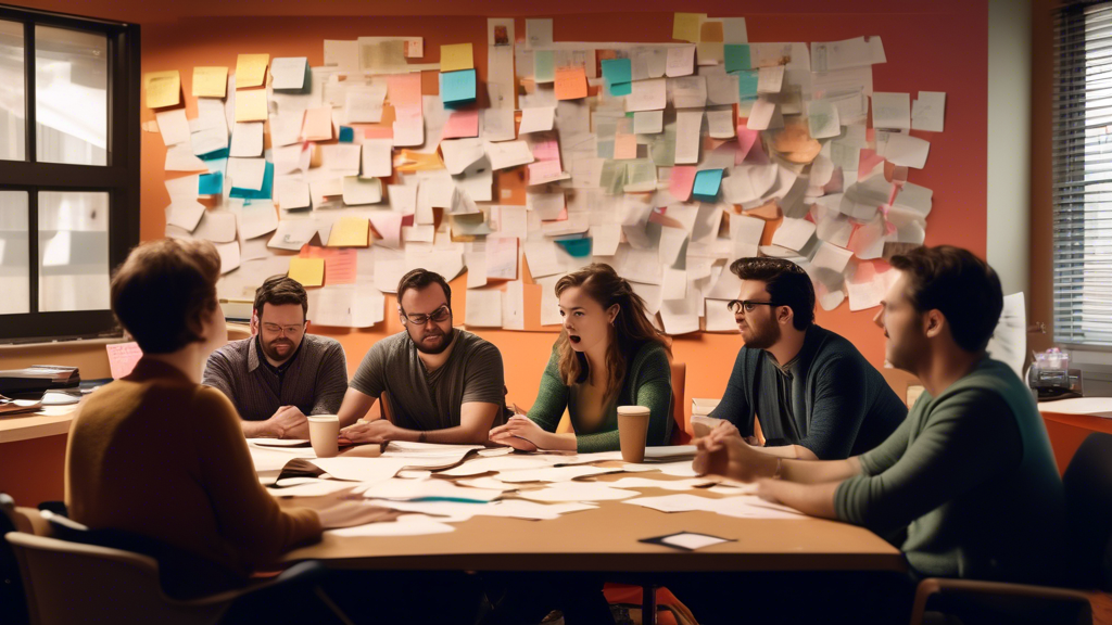 A group of screenwriters in a lively brainstorming session, surrounded by scattered script pages and empty coffee cups. On one side of the room, a corkboard filled with colorful index cards outlines a plot. In the background, a film director and producer discuss a script with animated gestures. The scene captures the highs and lows of the screenwriting process—from the initial creative sparks to the collaborative effort of bringing a script to the screen.