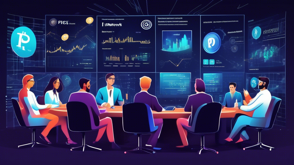 Generate an image depicting a panel of cryptocurrency experts and financial analysts discussing the future potential of Pi Network price. The setting should be a modern, high-tech conference room with digital screens displaying Pi Network graphs, charts, and trending data. Additionally, include symbolic elements like social media icons and speech bubbles capturing various sentiments to reflect online conversations and predictions. The participants should appear engaged in a serious, analytical discussion, capturing the ethos of expert opinions and investor strategies.
