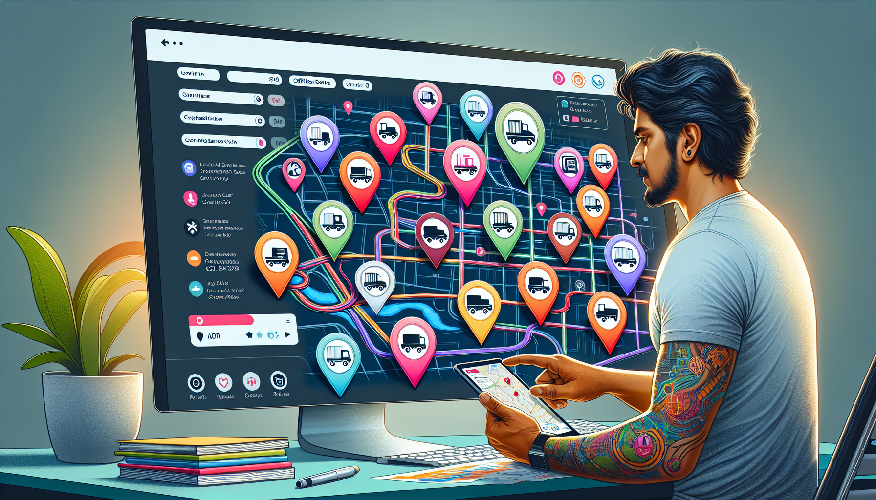 Digital art depicting a detailed map interface on a computer screen showing various pins and markers representing approved CDL medical exam locations across a city landscape. Each pin has a tooltip with information about the medical exam center, including reviews and ratings. Surrounding the map are small icons symbolizing official resources such as the FMCSA logo. In the backdrop, a truck driver is seen browsing this digital map on a tablet, actively planning his route to the nearest exam center.