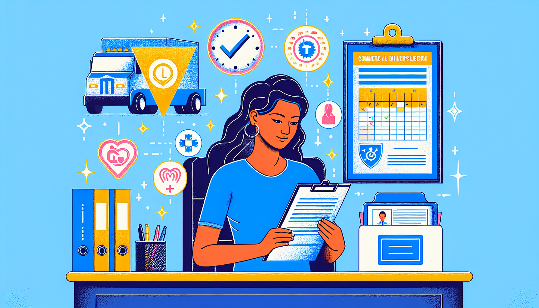 An illustration showing a truck driver preparing for a CDL medical exam: the driver is organizing a folder of documents and medical records on a desk, with icons representing vision tests, hearing tests, and blood pressure measurements floating above the folder. A calendar with the exam date circled is visible in the background, emphasizing preparation and organization.