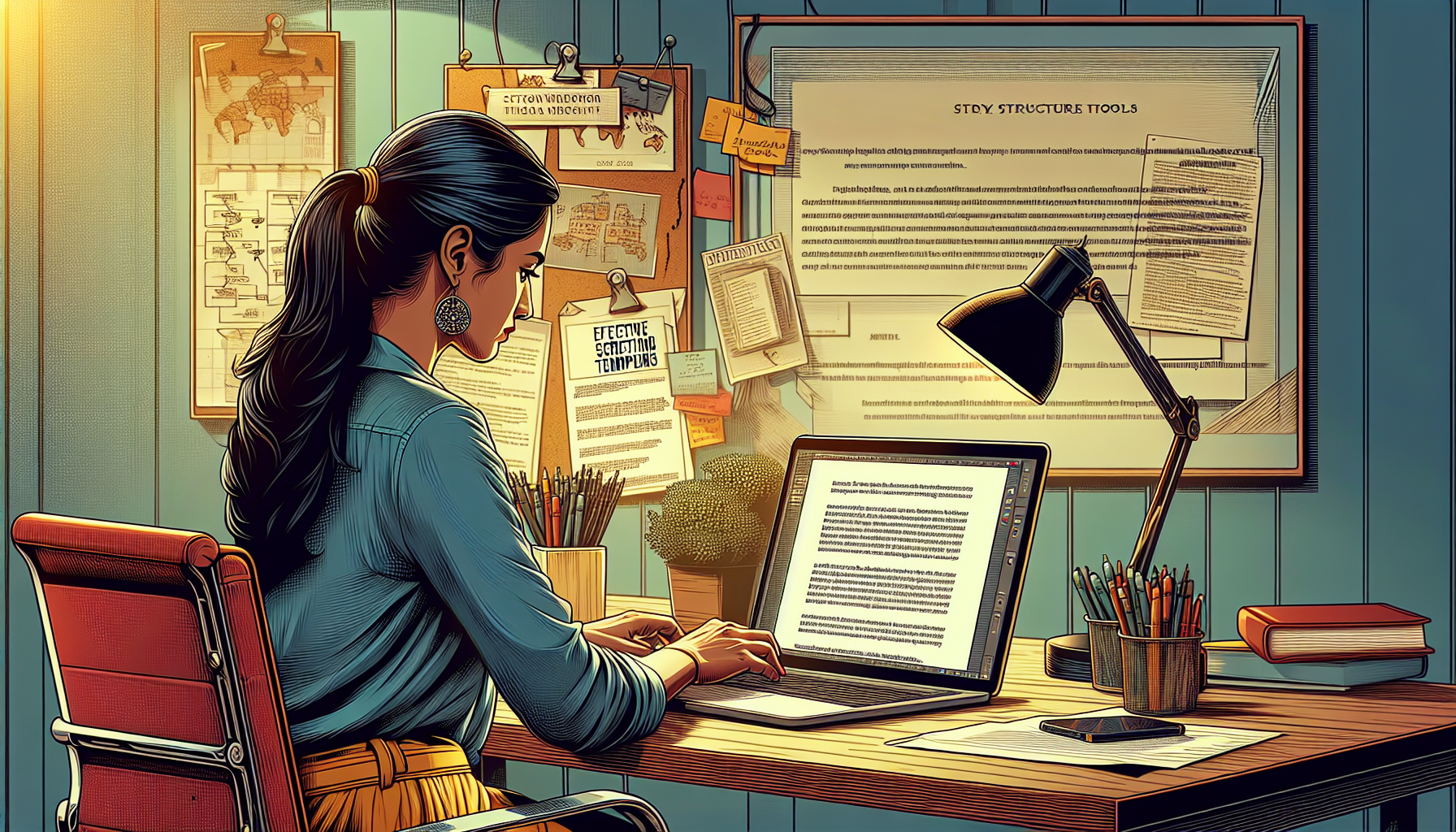 Prompt for DALL-E: An inspiring scene of a screenwriter at a stylish desk, working on the Final Draft screenwriting software on their laptop. The screen displays a well-structured script with clear formatting. Surrounding the workspace are helpful writing templates and editing notes, illustrating expert techniques for scriptwriting success. The background includes a bulletin board with story structure diagrams and key plotting notes. The ambiance is creative and focused, highlighting the mastery of Final Draft screenwriting tools and skills.