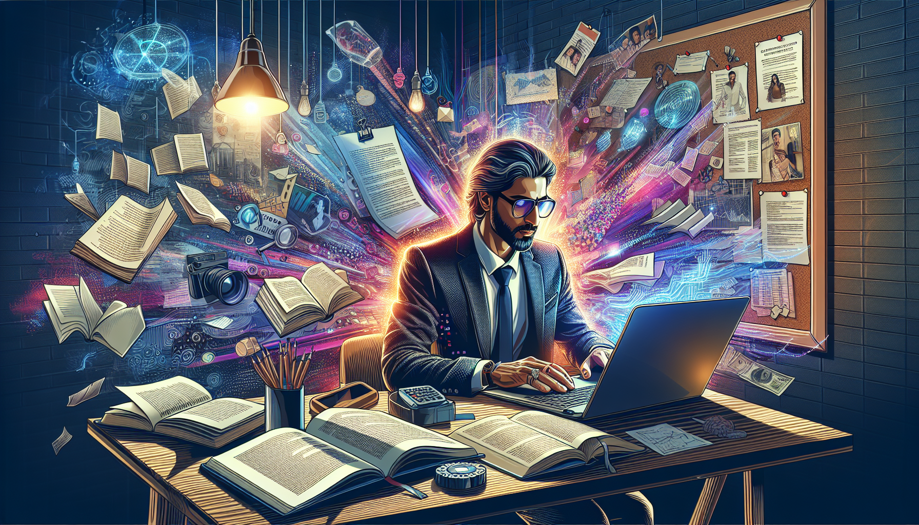 A lively work environment where a determined screenwriter is practicing his craft using Final Draft screenwriting software on a modern laptop. Surrounding him is a wealth of resources including open books on screenplay writing, a second monitor displaying an online tutorial, and a bulletin board with pinned notes and community forum messages. The scene is set in a cozy, well-lit room filled with creativity and focus, showcasing the dedication to advancing skills in Final Draft screenwriting.