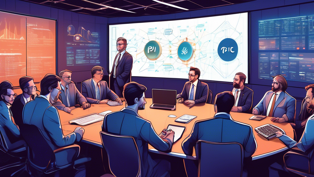 Create a detailed illustration of financial analysts and cryptocurrency experts discussing the future of Pi Network price in a high-tech conference room. The scene should include digital screens displaying graphs, charts, and projection data related to Pi Network