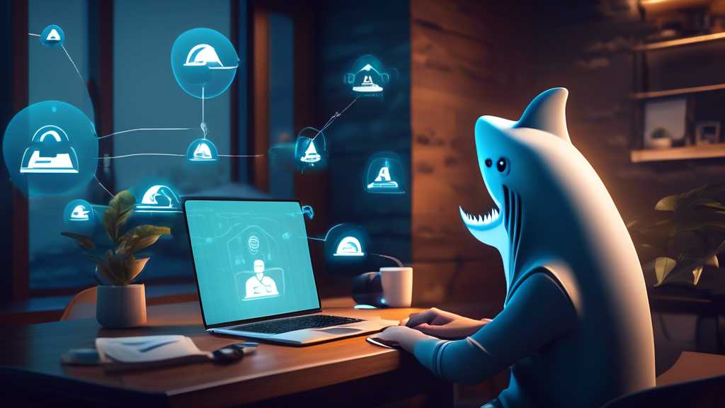 Create an image of a person using a laptop in a cozy home setting, with digital locks and shields floating around them, indicating secure and protected information. Include subtle elements, like a shark fin icon on the laptop screen, to creatively represent Shark VPN ensuring the safety and privacy of personal data from surveillance and tracking. Make sure the image conveys a sense of security and peace of mind.