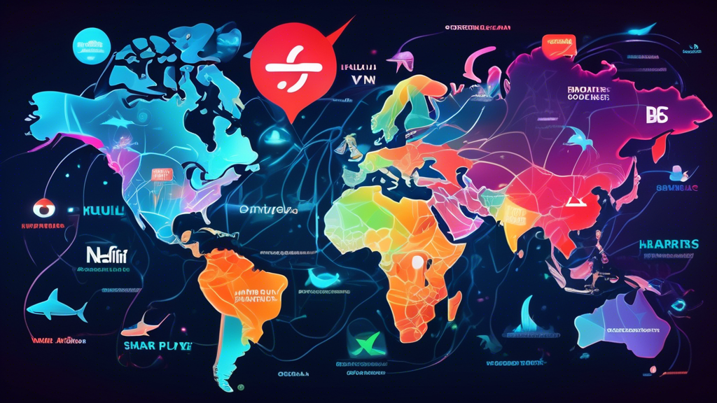 A vibrant digital world map with country borders highlighted, showing various streaming service logos (like Netflix, Hulu, BBC iPlayer) placed over different countries. In the foreground, a futuristic, sleek shark fin with the logo 