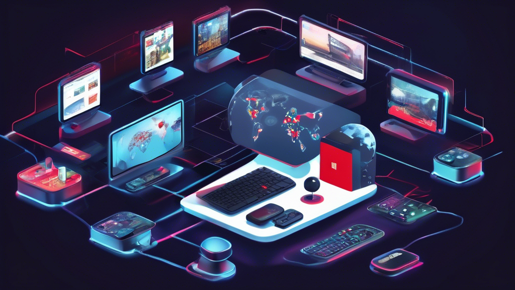 Create an image that shows a diverse set of devices, including a smart TV, gaming console, laptop, and smartphone, all connected and displaying different Netflix screens. Emphasize a step-by-step guide overlay on the side showing the configuration process of Smart DNS for Netflix access, with visuals of DNS settings being customized on each device. The background should feature a globe to symbolize various geo-locations, highlighting the global reach and accessibility of Netflix through Smart DNS.