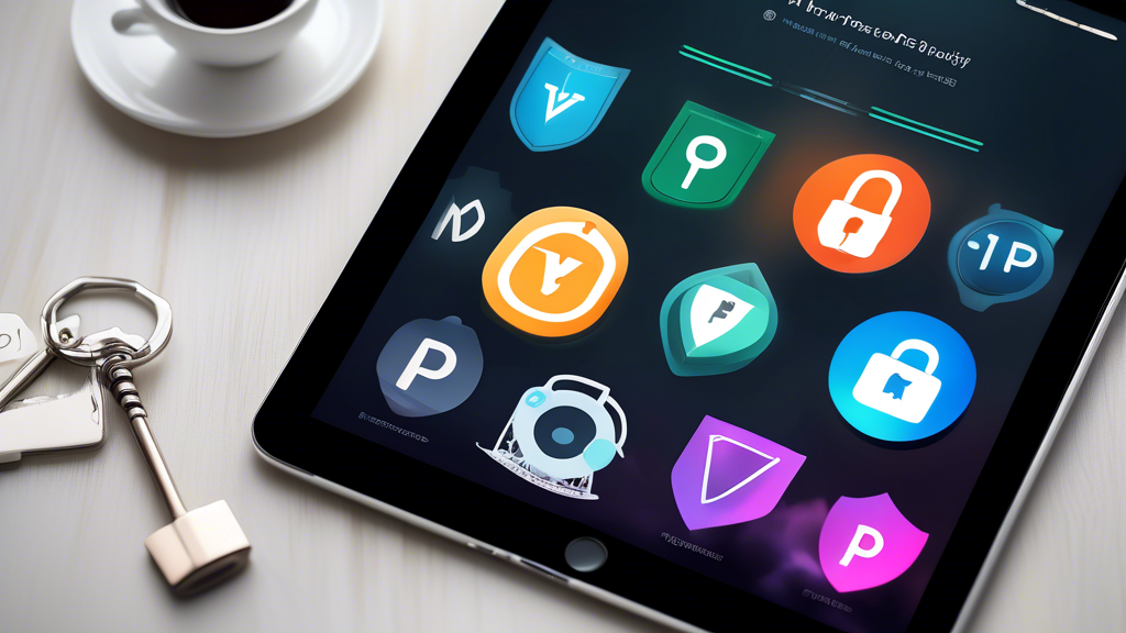 Create an image that captures the essence of Top 5 Free VPNs for iPad: Achieve Maximum Security and Privacy. Depict an iPad screen showcasing a list of the top 5 free VPN apps, each featuring their unique logo and key benefit in a visually appealing and organized manner. Surround the iPad with icons symbolizing privacy and security, like padlocks, shields, and encrypted data. A backdrop of a digital network with secure cloud imagery can emphasize the online protection theme. Ensure the colors are vibrant and inviting to attract user attention while maintaining a professional look.