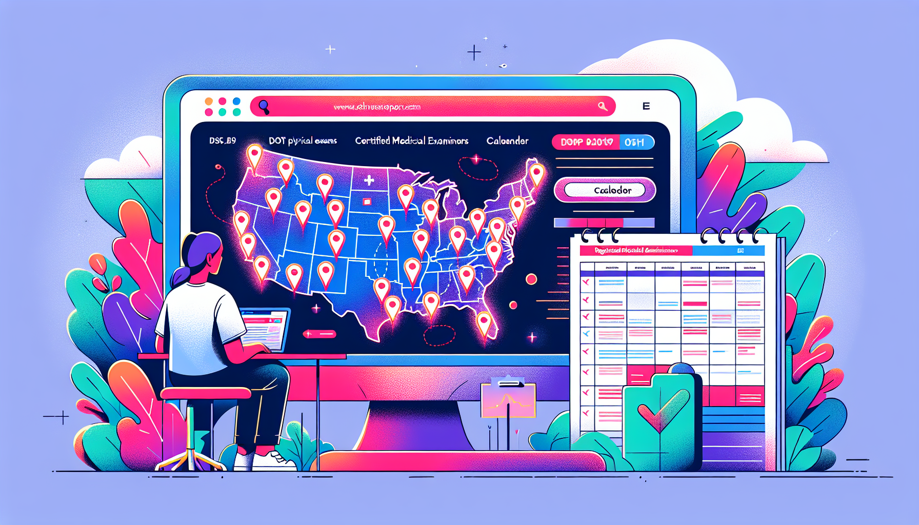Digital illustration of a user browsing a modern website with an interactive map showcasing multiple DOT physical exam locations dotted across a stylized map of the United States, highlighting certified medical examiners registered with the FMCSA. Nearby, there is a calendar and a checklist displaying the necessary documentation needed for the appointment.