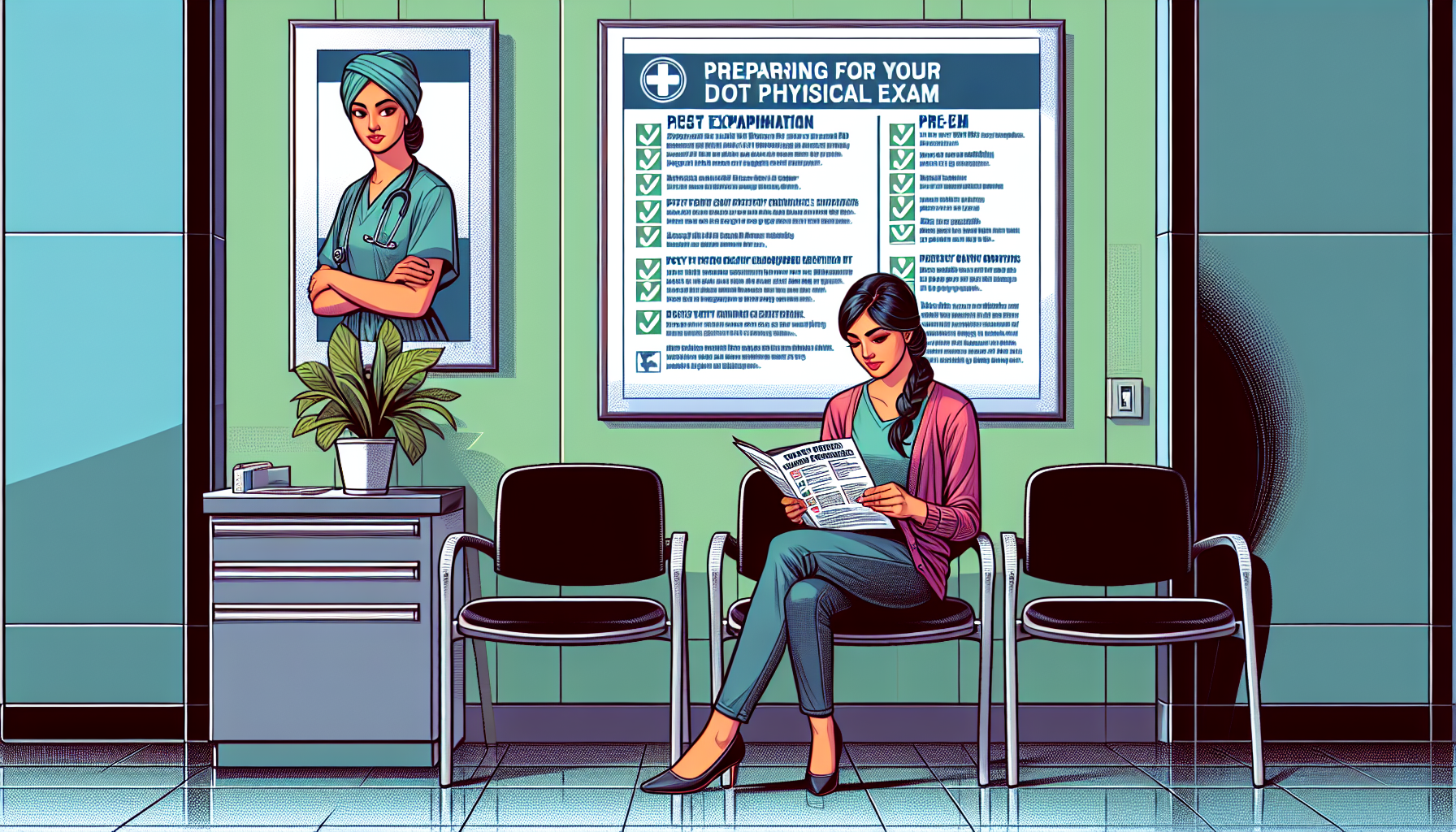 An illustrated scene depicting a calm and prepared individual sitting in a waiting room, reading a brochure titled 