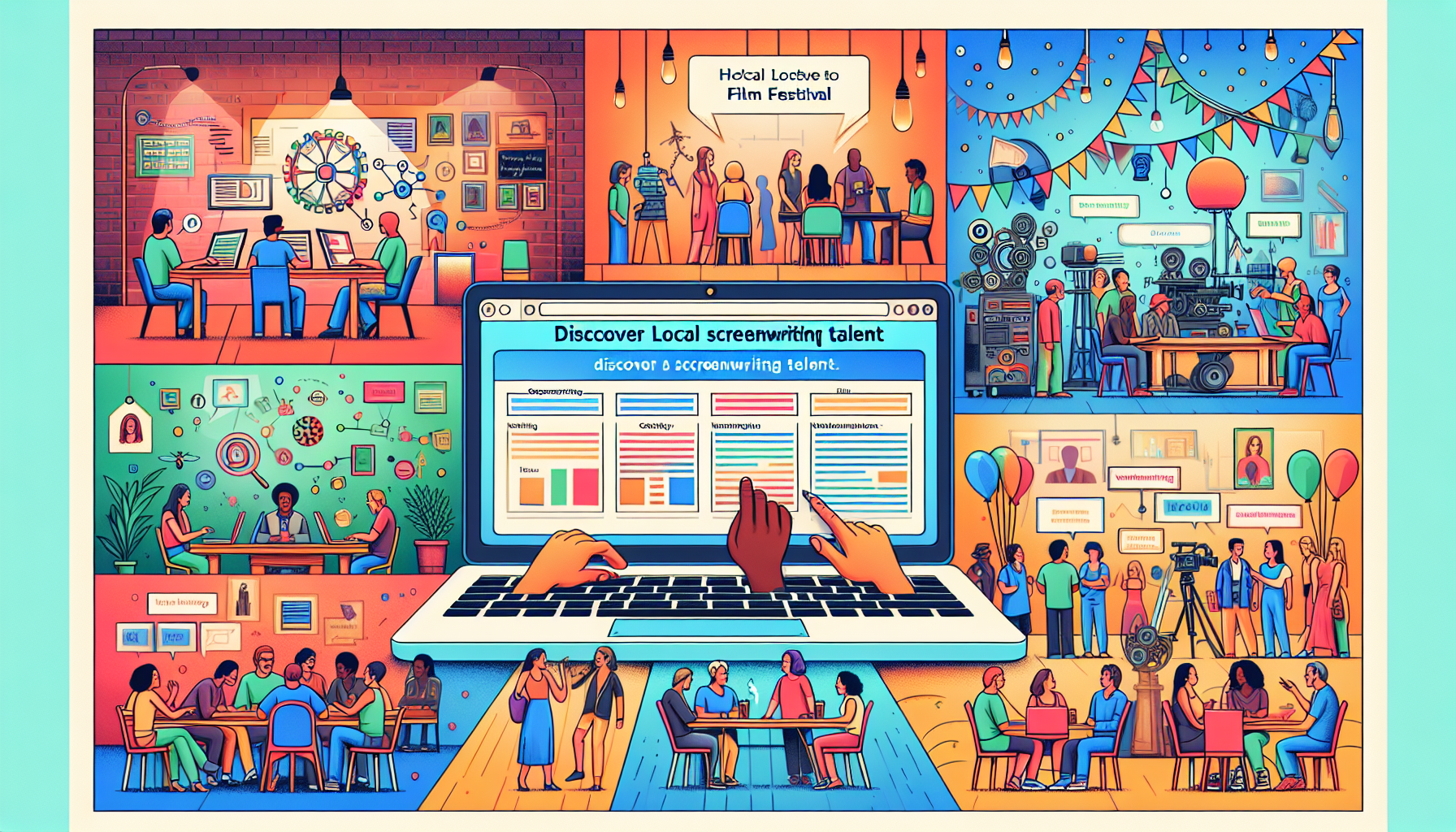 Create an image that showcases various ways to find local screenwriting talent. Include a collage featuring elements like a laptop with an online database open, a film festival banner, a networking event with people mingling and exchanging contacts, a writers