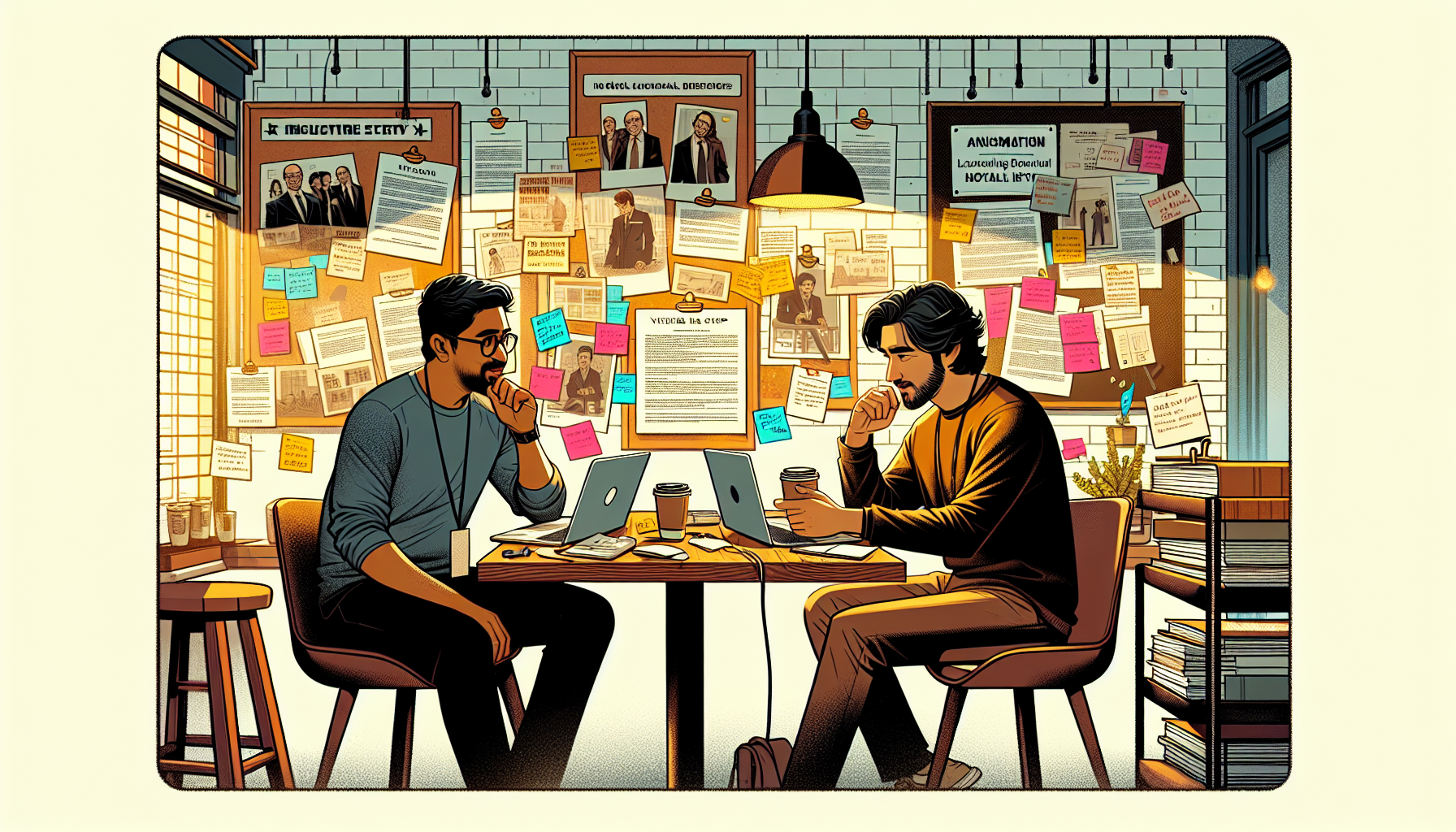 Prompt for DALL-E: 

An illustrated scene of a bustling coffee shop where a filmmaker and a local screenwriter are reviewing script pages together. Surrounding them are detailed notes, post-its, and laptops, depicting real-time collaboration. The background includes elements like a bulletin board with pinned resumes and portfolios, and a bookshelf with filmmaking guides. The image captures their animated discussion, showcasing the collaborative process of evaluating and hiring a local screenwriter.