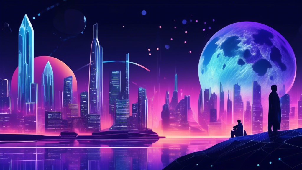 Create a DALL-E prompt based on outline point #3:

Create an image depicting the future prospects and challenges of the Luna Ecosystem in cryptocurrency. The scene should include futuristic cityscapes with digital holograms representing predictions and trends for Luna. Show a dynamic blend of growth and obstacles, such as digital charts reflecting market trends, regulatory paperwork, and community gatherings discussing governance. Incorporate elements like futuristic law symbols to indicate regulatory hurdles and diverse groups of people to represent the community