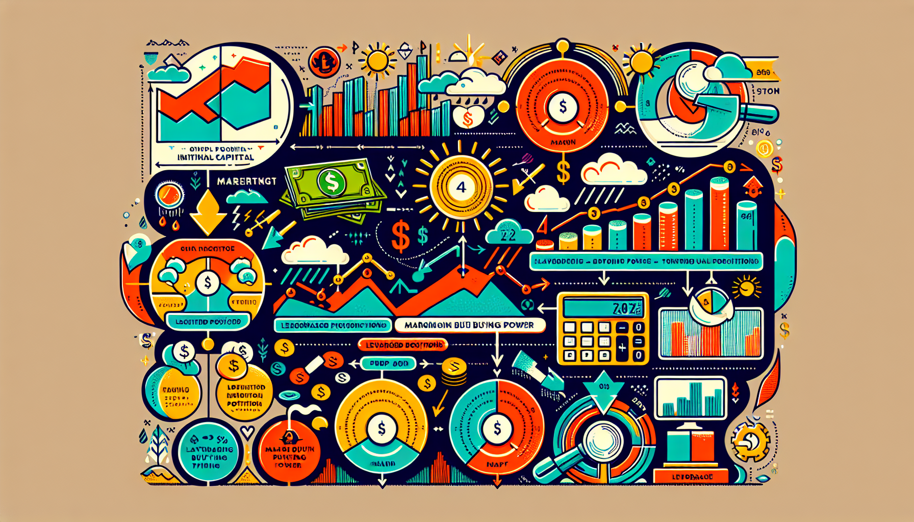 Create an infographic showing a step-by-step guide to calculating TradeStation margin buying power. Incorporate visual elements like calculators, charts, and diagrams to illustrate the factors that influence margin buying power. Include examples and scenarios, such as initial capital, leveraged positions, and market conditions, to help users understand the calculation process clearly. Highlight the connection to the keyword 