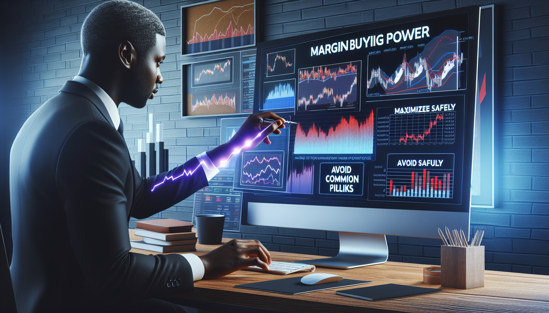 Create an image that illustrates an investor optimizing their trading strategy with TradeStation margin buying power, showing a computer screen with TradeStation software, graphs, and charts. The background can have a modern, sleek trading desk setup with a note board listing best practices such as Maximize Safely, Avoid Common Pitfalls, and Effective Use of Margin. The overall theme should convey strategic and informed trading, emphasizing the effective use of margin buying power.