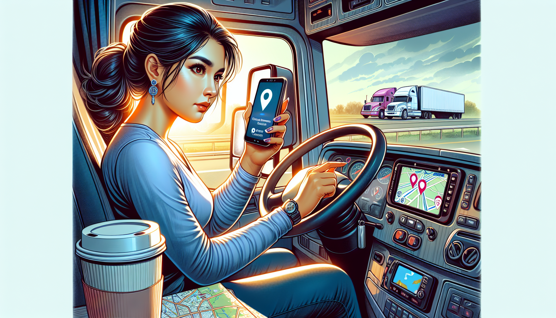 Prompt: Create an image depicting a commercial driver using a smartphone to search for 