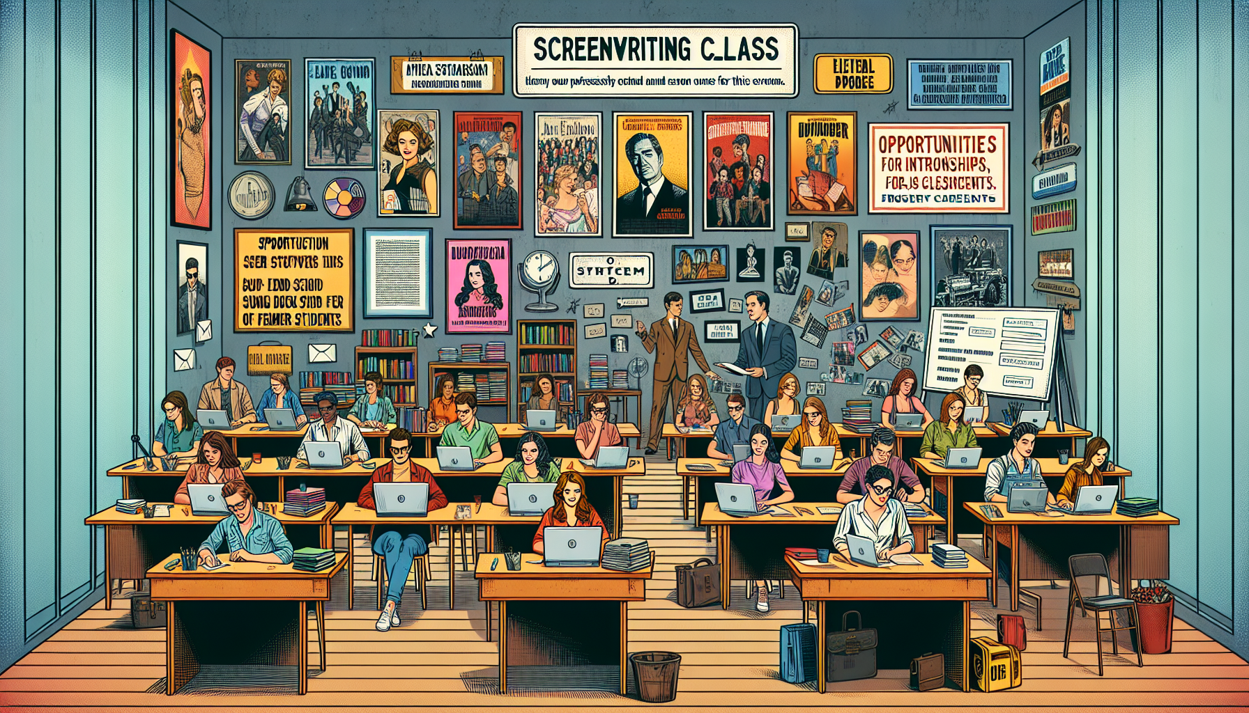 Prompt for DALL-E: A vibrant image showcasing a screenwriting program classroom filled with enthusiastic students using top-tier industry resources such as professional screenwriting software on laptops, shelves stacked with industry books and scripts, and posters of famous movies. The instructor, an experienced screenwriter, is leading a discussion at the front of the room. A bulletin board in the background displays internship opportunities, job placements, and success stories of alumni, illustrating potential career advancements from the program.