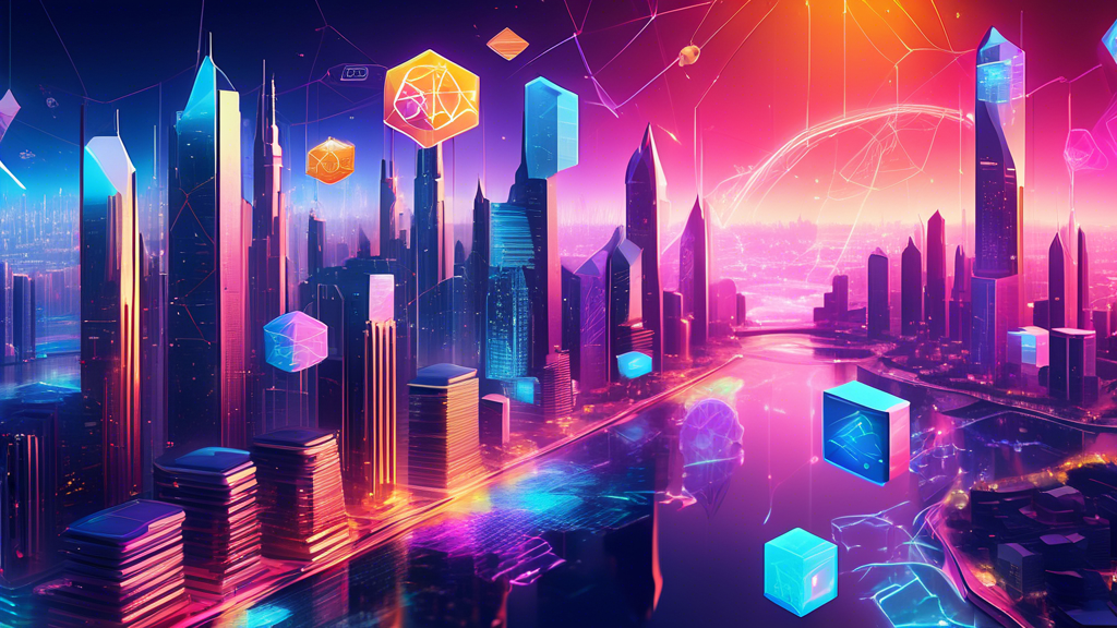 Create an image that visually explores the potential impacts and future trends of the new ecosystem in crypto. Show a vibrant, futuristic cityscape with skyscrapers infused with blockchain patterns, digital currencies floating in the air, and interconnected financial systems represented by holographic charts and graphs. The scene should depict both opportunities and challenges through contrasting elements, such as a rising graph towards the modern skyline and dark clouds hinting at uncertainties. Include symbols of innovation, like flying drones and digital interfaces, indicating the forward momentum of the new ecosystem in crypto. Keyword: new ecosystem crypto.