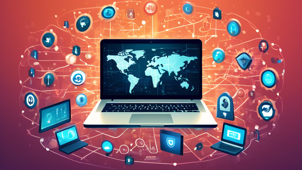 Create a detailed digital illustration showing a laptop screen with a shield icon representing security. Surround the laptop, include various icons and symbols like a padlock, wifi signal, gears, caution sign, and magnifying glass to symbolize security, privacy, troubleshooting, and research. The backdrop can show a mix of globe and network connections, encapsulating the idea of a global, secure, and scrutinized free VPN usage.