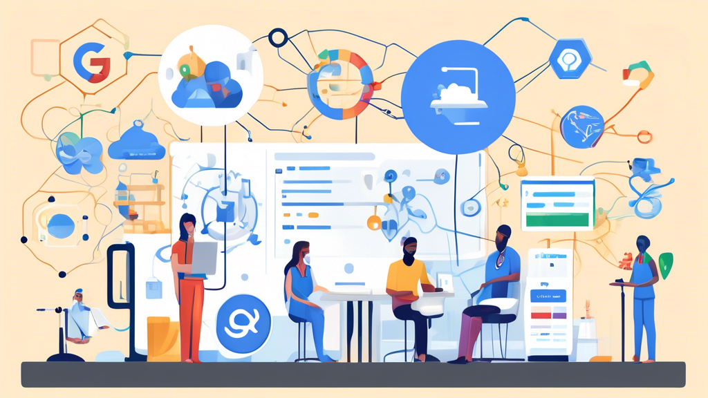 Prompt: Create an image illustrating the practical applications of Google BigQuery in various industries. The scene should show a central Google BigQuery logo surrounded by a series of interconnected elements: a healthcare clinic analyzing patient data, a retail store optimizing inventory using real-time analytics, a financial institution performing complex data integration with other Google Cloud services, and a tech company leveraging machine learning models for predictive analysis. Use a modern, flat design style with vibrant colors to convey innovation and efficiency.