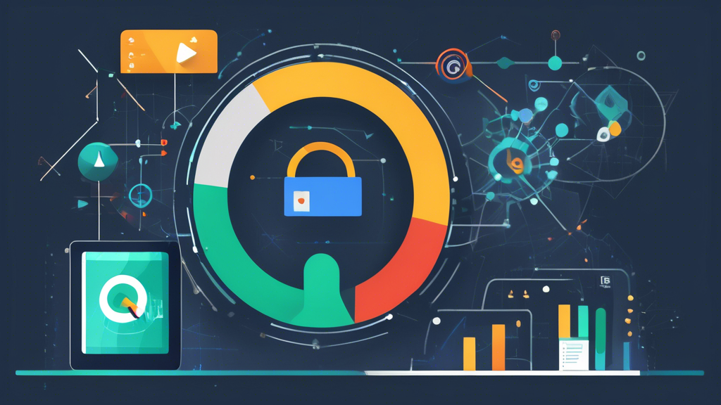 Create an image showcasing the efficient usage of Google BigQuery, highlighting best practices. The image should include visual elements of query optimization such as charts and graphs with labeled axes, a padlock symbol representing security and compliance, and a futuristic background with icons for trends and innovations. The image should convey the idea of performance, data protection, and forward-thinking advancements in data analysis using Google BigQuery.