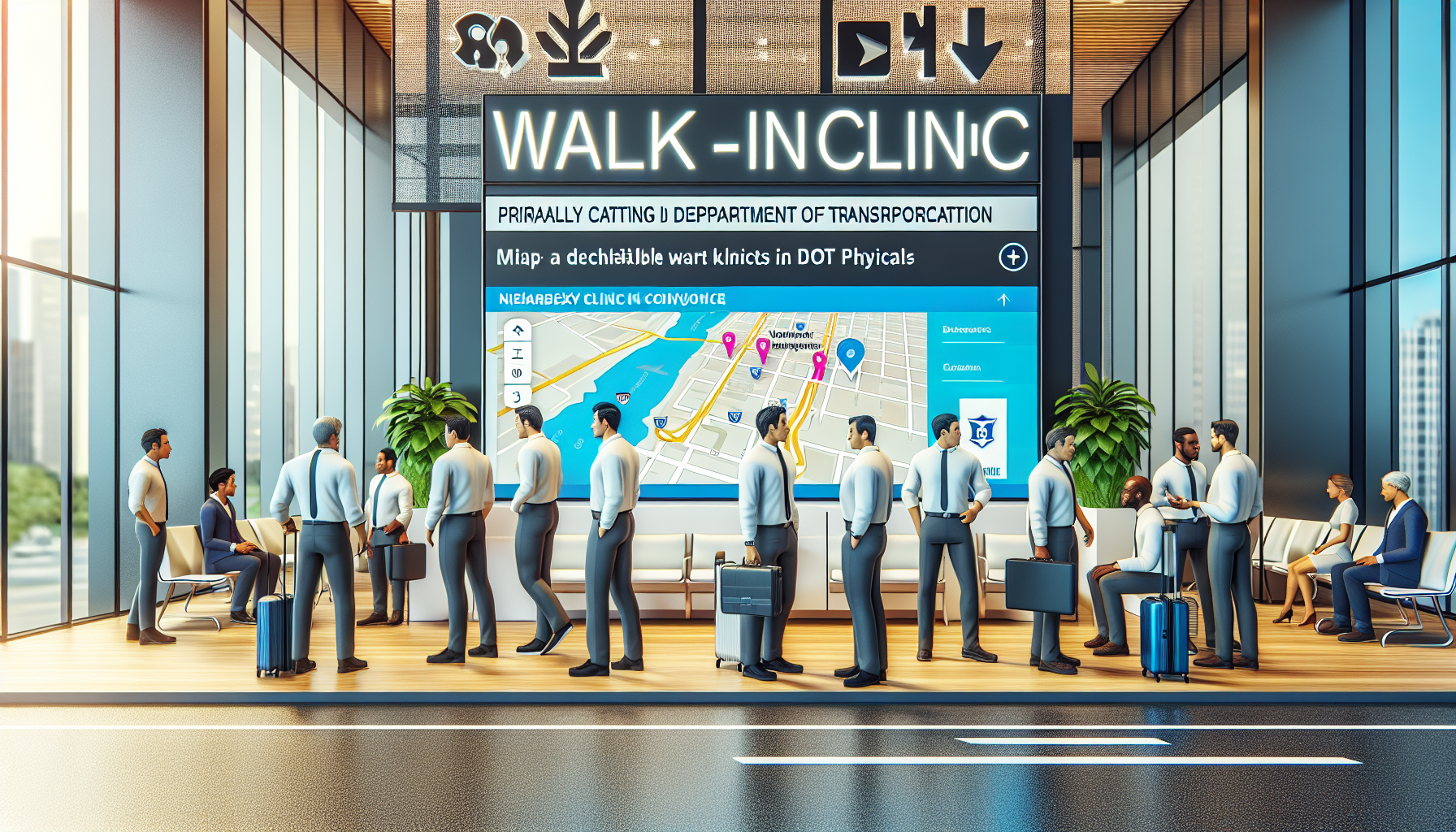 DALL-E prompt: Illustrate a scene at a busy walk-in clinic specializing in DOT physicals, showcasing a diverse group of drivers consulting an interactive digital directory in the lobby that displays a map with nearby clinics highlighted. The setting is modern and welcoming, with clear signage and a relaxed atmosphere, emphasizing the ease and accessibility of finding walk-in DOT physicals in urban areas.