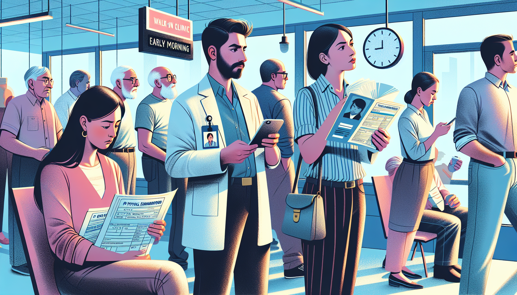 Busy walk-in clinic with people of diverse backgrounds holding various items such as identification cards, medical history folders, and medication lists, while waiting for their DOT physical examinations, with a clock showing an early morning time to suggest the best time for shorter waits.