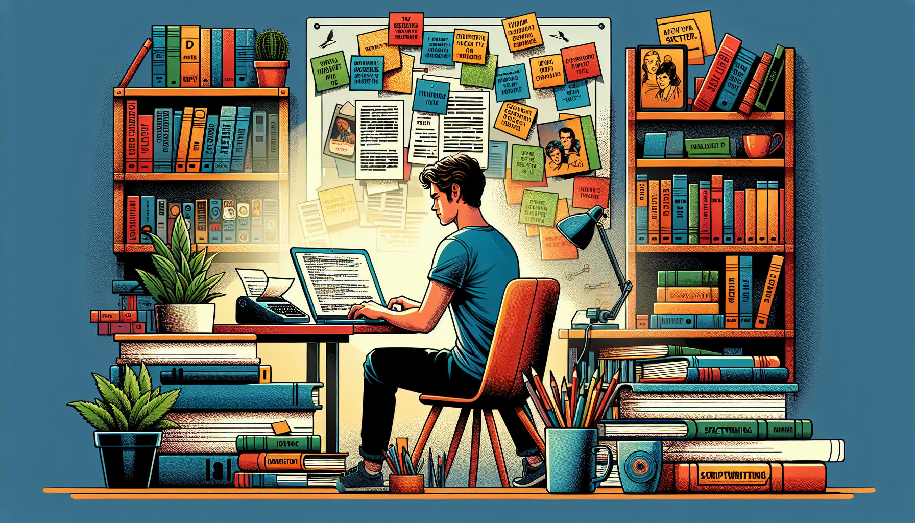 Create an image that showcases a young script writer surrounded by modern tools and resources: an open laptop with scriptwriting software displayed on the screen, various scriptwriting books stacked nearby, and a wall filled with sticky notes and story outlines. The room is cozy, with inspirational posters and a shelf filled with DVD collections of classic movies and TV shows. Title the image: Tips and Resources to Enhance Your Script Writing Skills.