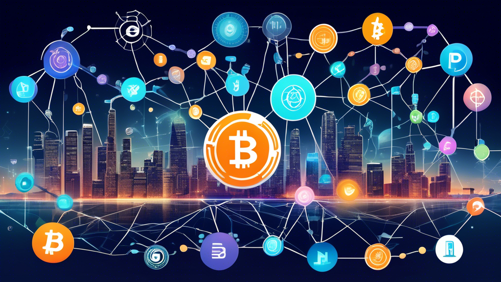 Create an image showcasing various interconnected cryptocurrency logos and symbols to represent a unified crypto ecosystem. In the foreground, highlight notable projects and successful implementations, such as DeFi platforms, cross-chain technologies, and blockchain collaborations. Include graphical elements like blockchain nodes and arrows indicating connectivity and interoperability. The background should have a futuristic cityscape to suggest a forward-looking perspective, symbolizing the future prospects of one ecosystem in crypto. Keywords: one ecosystem crypto, unified cryptocurrency, blockchain collaboration.