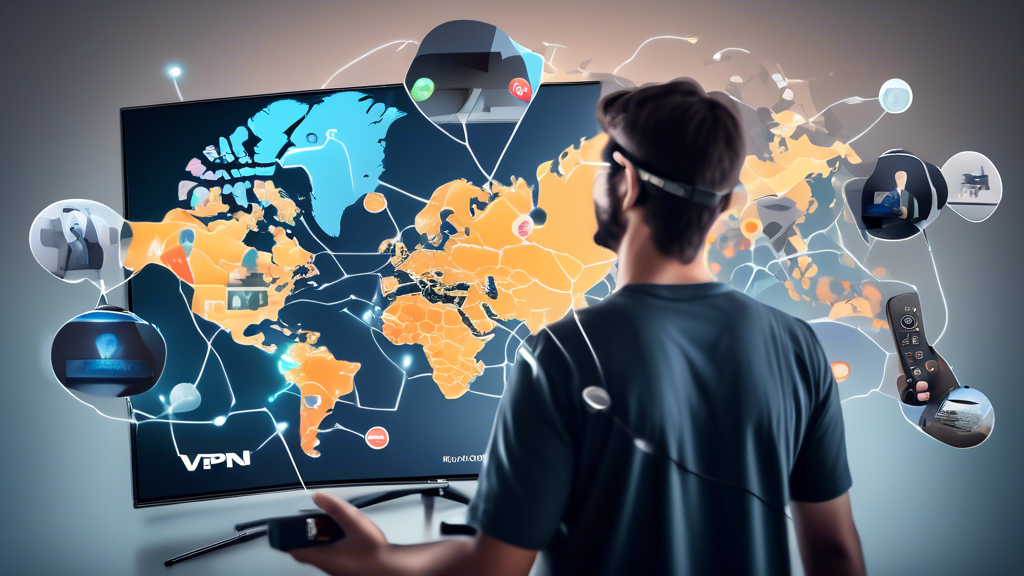 Create an image displaying a person using a Firestick connected to a TV, with the screen showing a world map where different streaming services