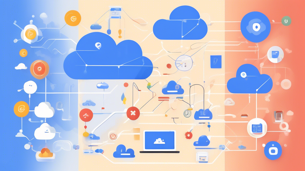 Create an image that showcases the main components and products of Google Cloud Services. Include visual representations and icons for Google Compute Engine, Google Kubernetes Engine, BigQuery, and Cloud AI/ML services. The background should be a blueprint-style design with nodes and connections illustrating the integration and connectivity of these services within the Google Cloud ecosystem. Include labels and a modern, tech-focused color scheme.