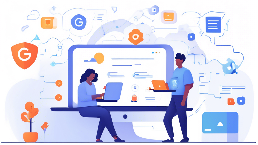 Create an image that depicts the process of getting started with Google Cloud Services, showing a new user setting up their account on a laptop. Include elements such as Google Cloud icons, graphs depicting cost optimization, and security shields to represent best practices in security and compliance. The background can include motivational visuals like success stories or case studies to represent real-world applications and successful implementations.