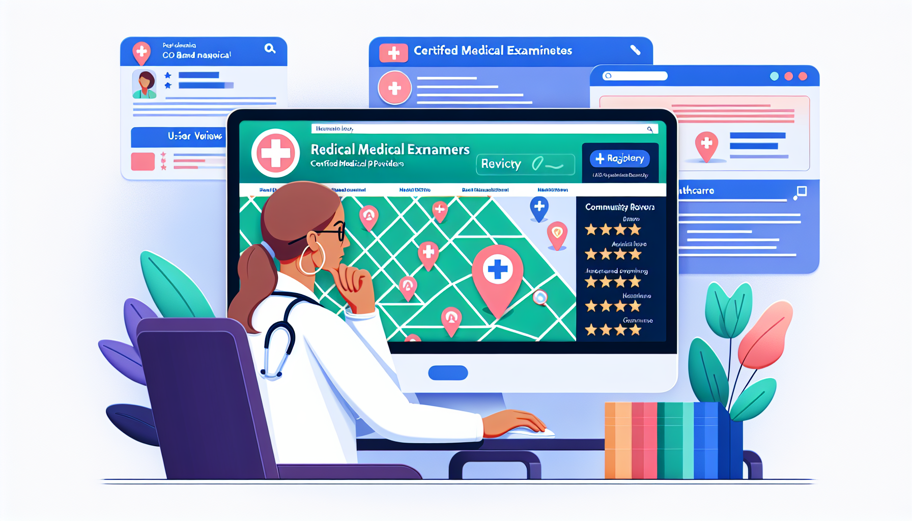 An attentive person diligently searches and compares options on their computer for the best local medical DOT physical providers, showcasing a map pinpointing certified medical examiners from the FMCSA’s National Registry, surrounded by user reviews and healthcare brochures, reflecting informed decision-making based on reliable resources and community recommendations.