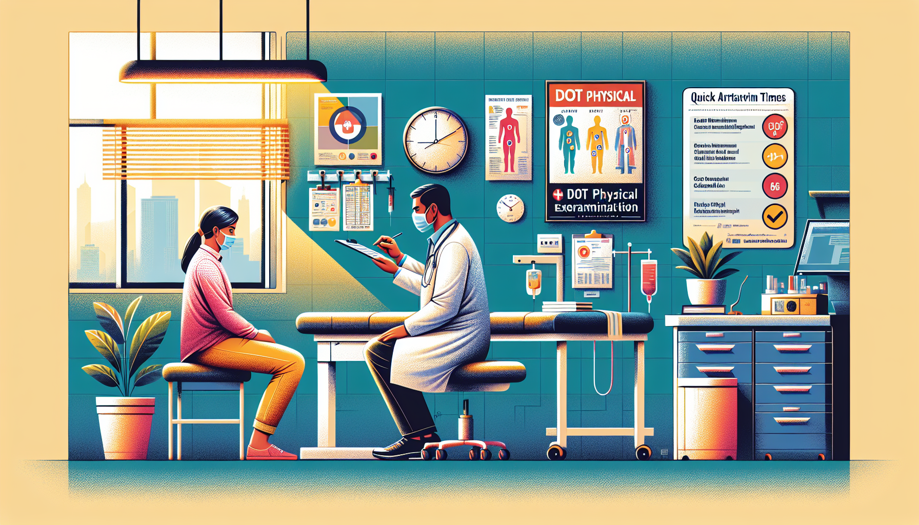 Detailed illustration of a professional and serene medical clinic environment, showcasing a patient interacting with a highly experienced medical examiner during a DOT physical examination. The image features an exam room equipped with modern medical tools, informative posters related to DOT standards on the walls, and a visible chart displaying quick turnaround times for DOT physical reports. Emphasis on the calm and supportive interaction between the patient and the examiner, with both characters portrayed in a realistic and engaging manner, highlighting the professionalism and reliability of the clinic.
