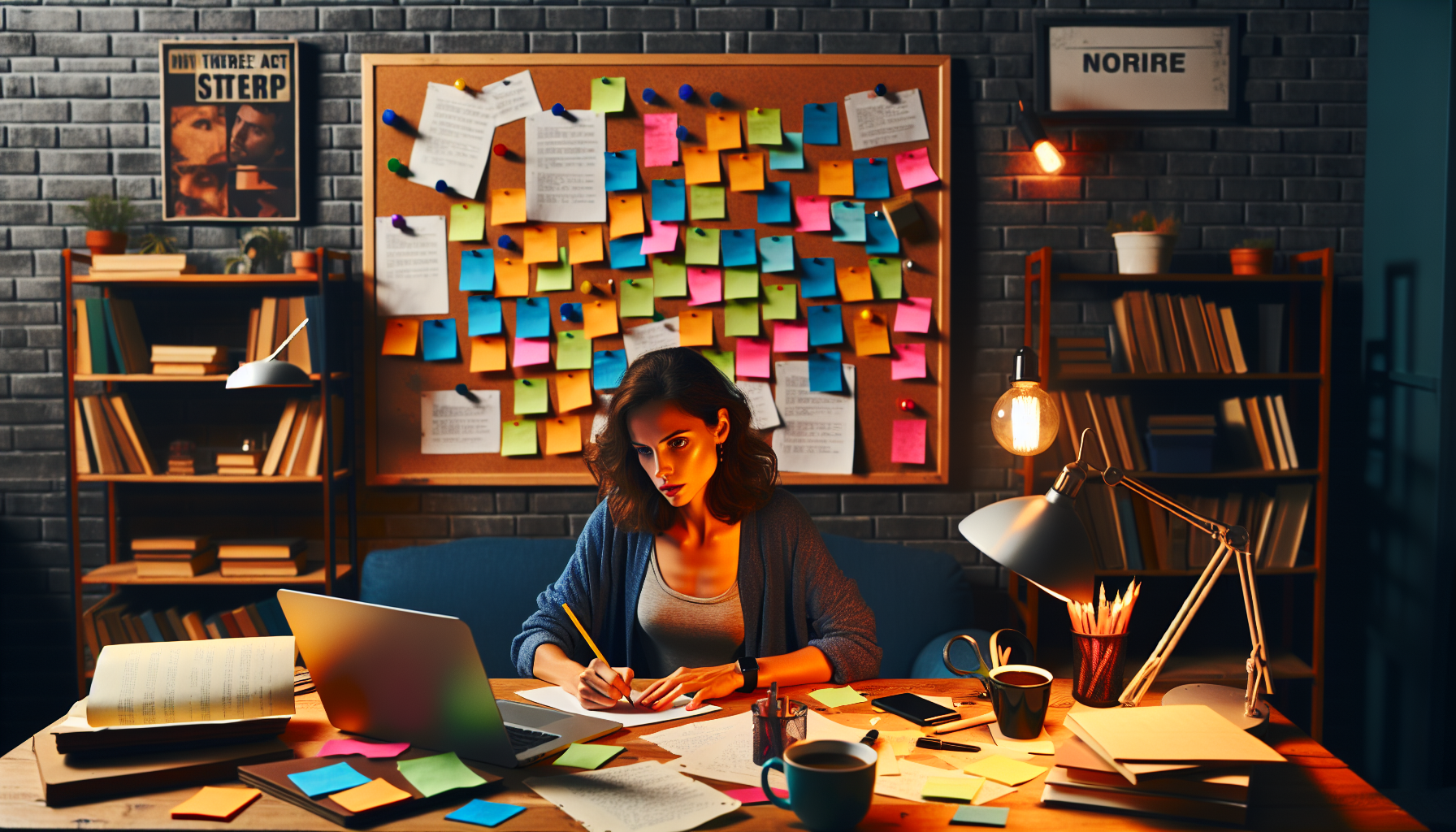 Create an image that captures a vibrant workspace of a screenwriter in the midst of the creative process. The desk is cluttered with sticky notes, draft pages, and storyboards. A corkboard on the wall displays colored index cards arranged in a three-act structure. The screenwriter is seen brainstorming, deep in thought, surrounded by creative tools: a laptop, a cup of coffee, and a lamp casting a warm glow. The backdrop should be a cozy, inspiring room filled with bookshelves and motivational posters related to film and writing. The atmosphere exudes creativity and focus, illustrating the journey from concept to final draft.