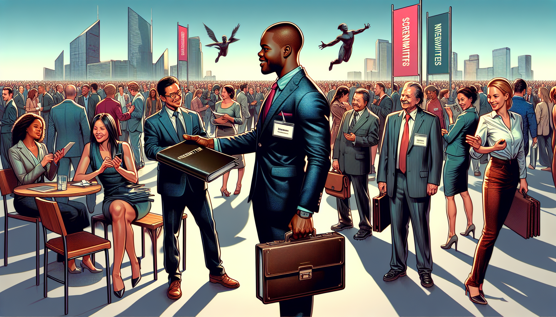 Create an image of an aspiring screenwriter navigating a bustling film industry scene. The scene includes networking at a crowded industry event with people conversing and exchanging business cards. In the background, there