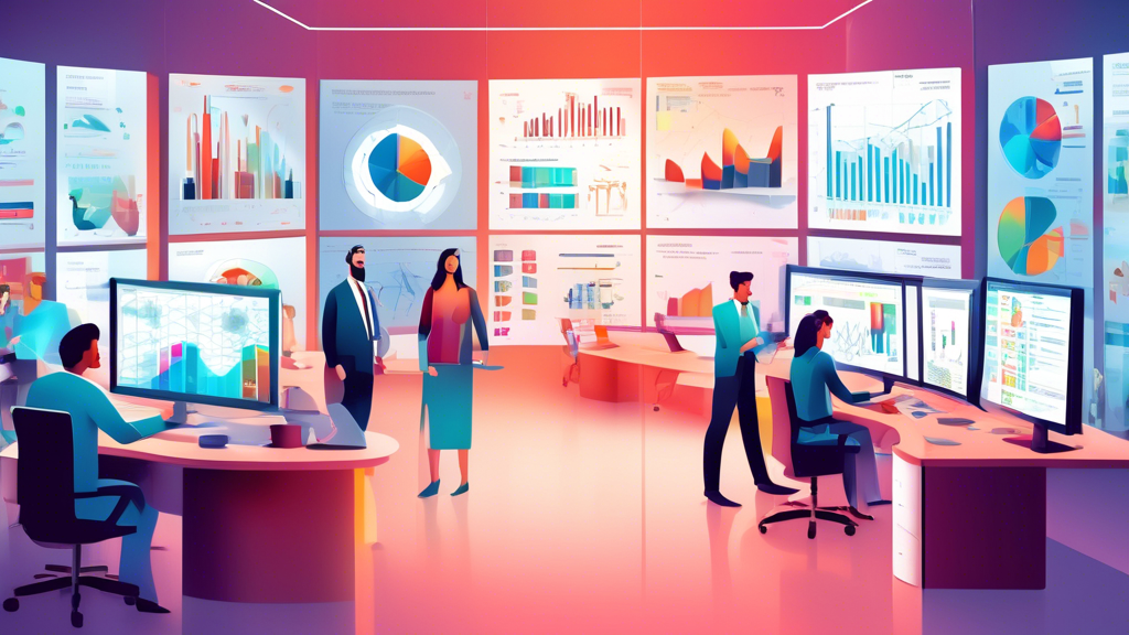 A modern office environment with a diverse group of professionals analyzing cost-saving charts and graphs on multiple digital screens and dashboards, demonstrating efficient resource management and scalability. Show elements of Oracle ERP software in use, highlighting simplified IT infrastructure and real-time data insights.